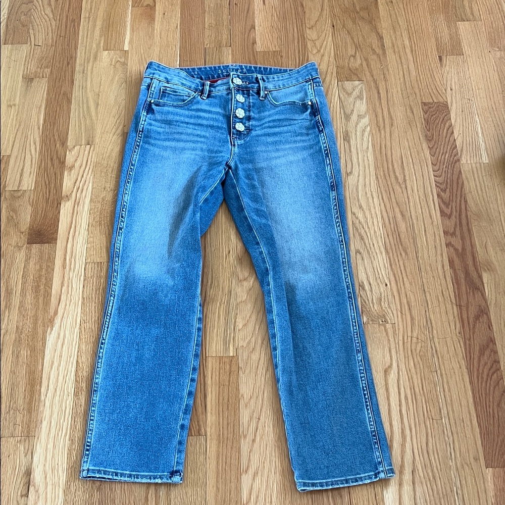 White House Black Market Blue Ankle Jeans with Rhinestone Buttons